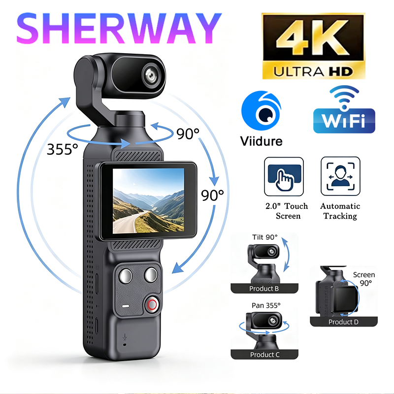 Runcam Camera - 4K/1080P ジンバル式アクションカメラ、ハンドヘルドカメラ、4K、2.0インチタッチスクリーン、EIS（電子式手ブレ補正）、ポケットWi-Fiカメラ、355 ° 自動顔追跡ビデオレコーダー