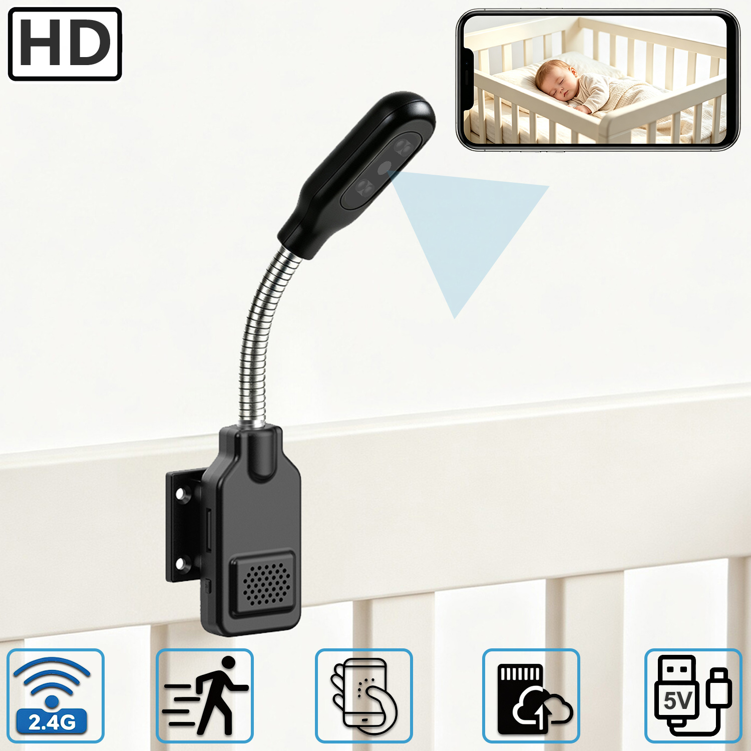 Hd Zero Camera - フレキシブルグースネック型ベビーペットモニターカメラ、設置不要のホームWiFiセキュリティカメラ、双方向音声、動体検知機能付き