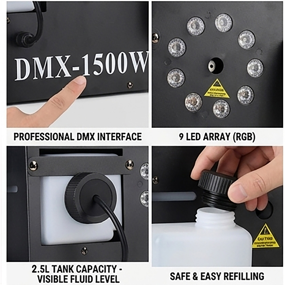 1500W フォグスモークマシン RGB 9X3W LED  - Smoke Stopper のレビューと価格